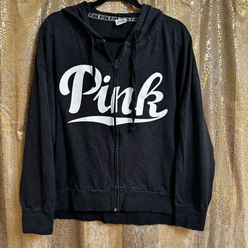 PINK Victorias Secret Navy Blue White Zip Slouchy Hoodie Sweater Large